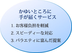 かゆいところに手が届くサービス　1.お客様負担を軽減　2.スピーディな対応 3.バラエティに富んだ提案